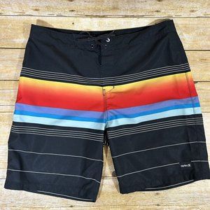 Hurley Mens Board Shorts Swim Surf Trunks 34 Black Colorful Striped Beach Casual